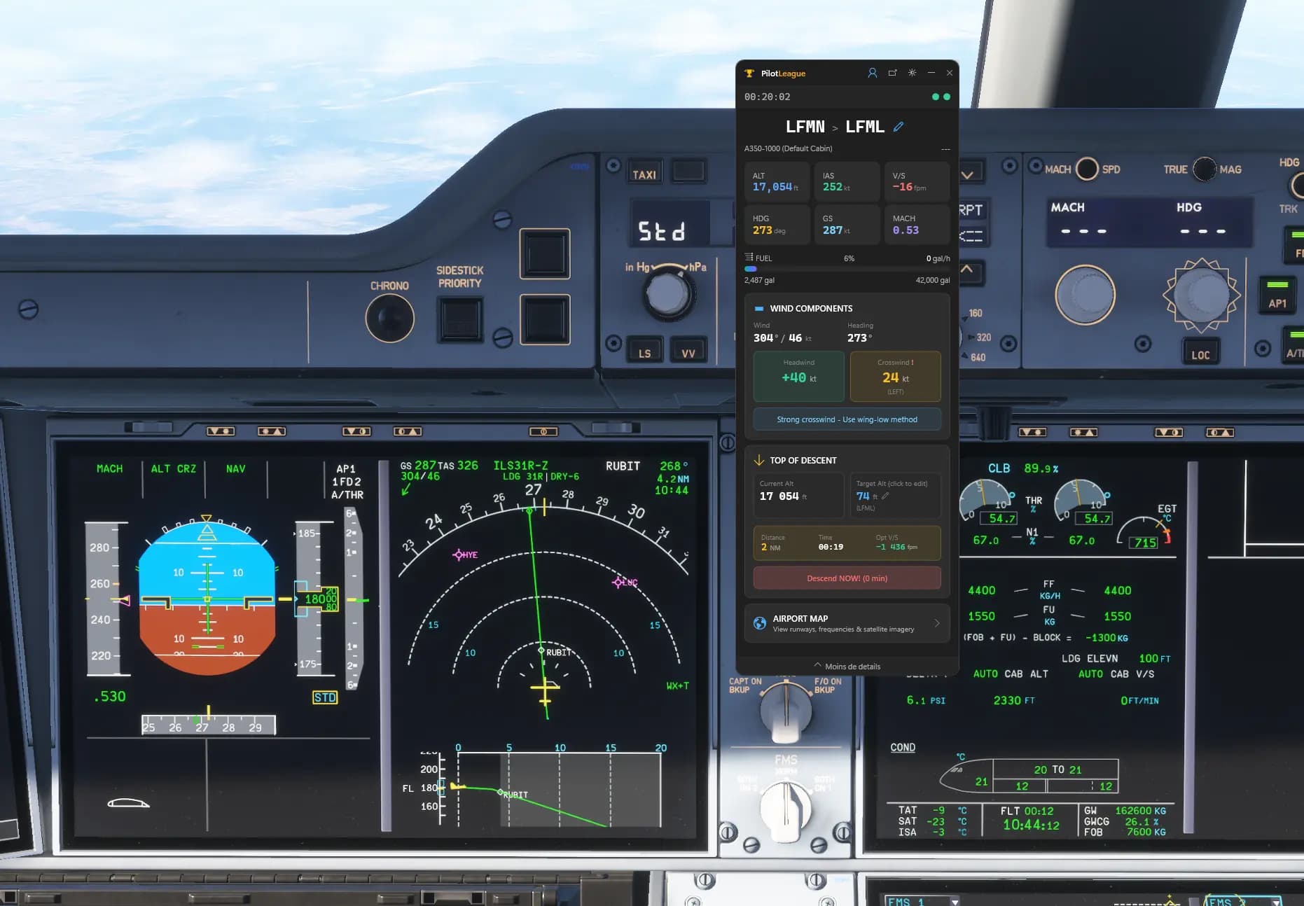 PilotLeague TOD Calculator interface showing descent planning with altitude, distance and timing calculations
