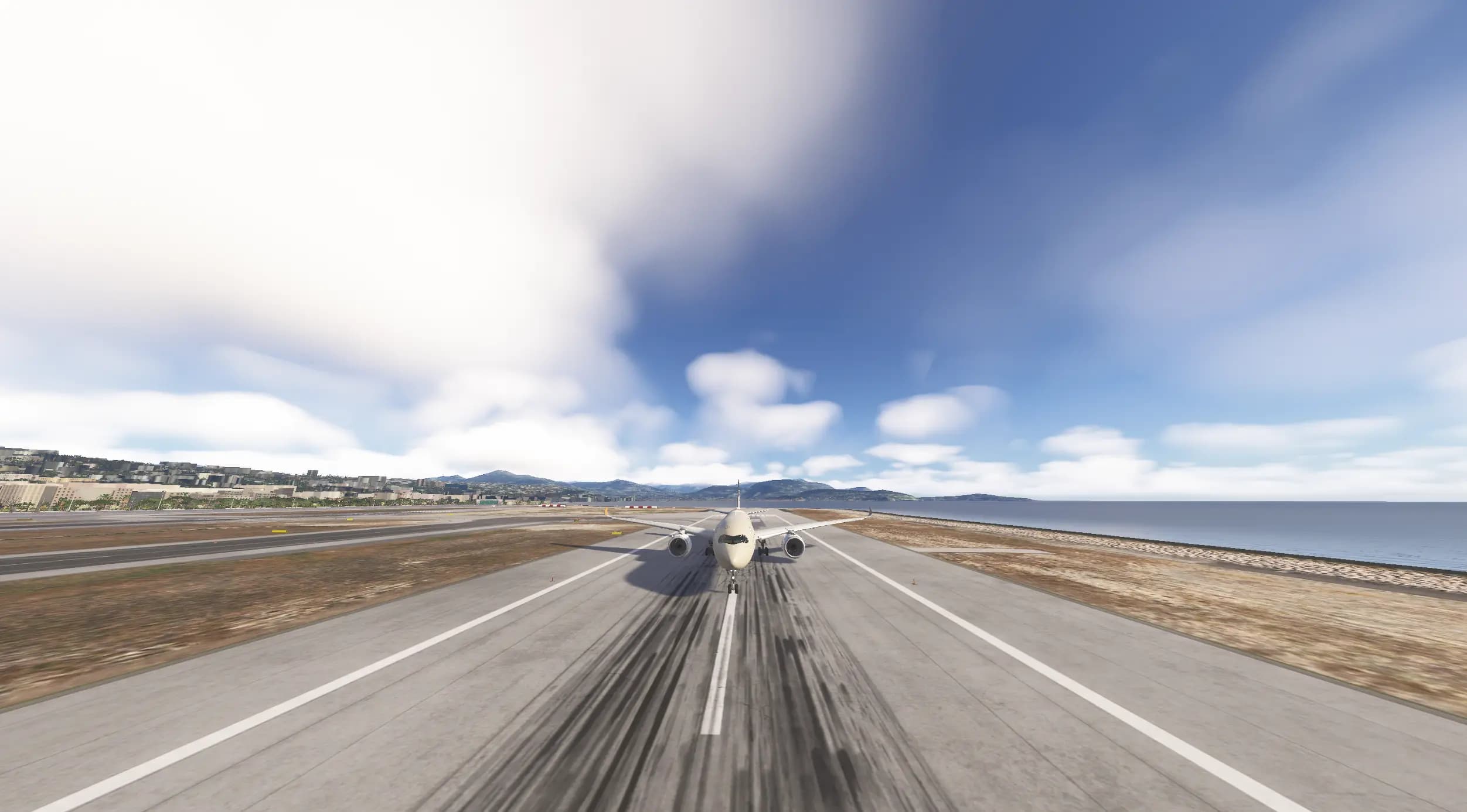 Pesawat yang selaras sempurna di garis tengah landasan dilihat dari belakang, menunjukkan presisi lateral di Microsoft Flight Simulator 2024
