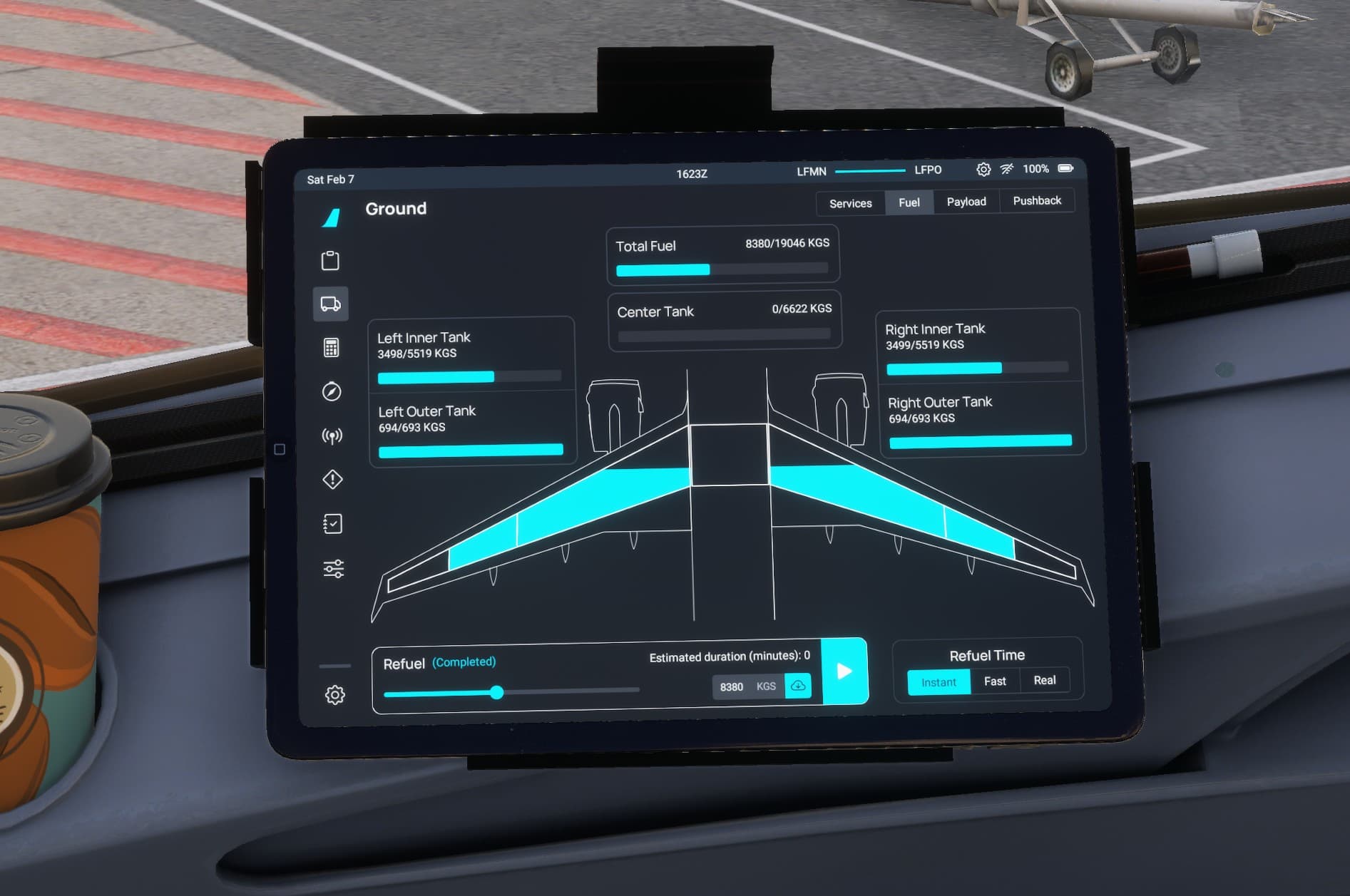MSFS 2024 EFB Fuel Panel — Tank distribution for tankering strategy