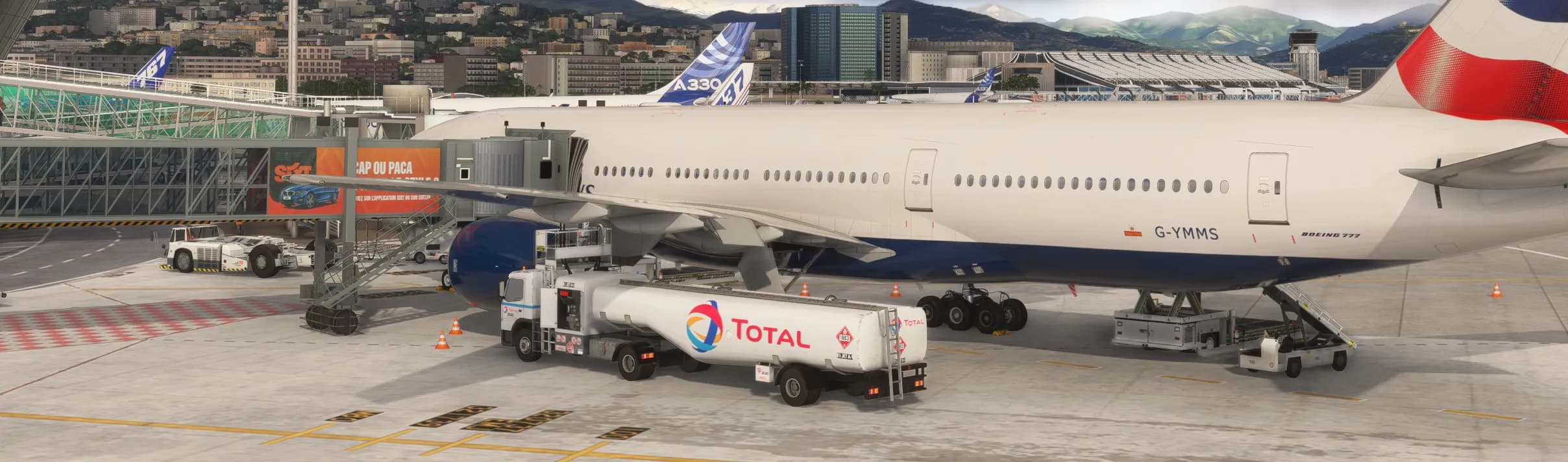 Boeing 777 being refueled by a Total fuel truck at the airport in Microsoft Flight Simulator 2024