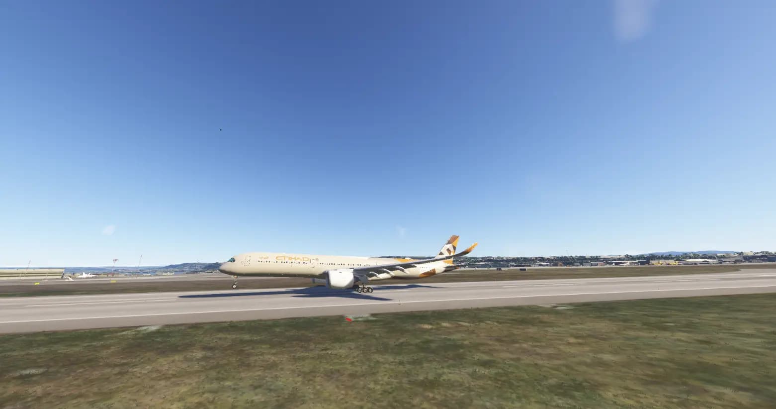 Etihad A350 melakukan pendaratan butter sempurna di landasan pacu dalam Microsoft Flight Simulator 2024